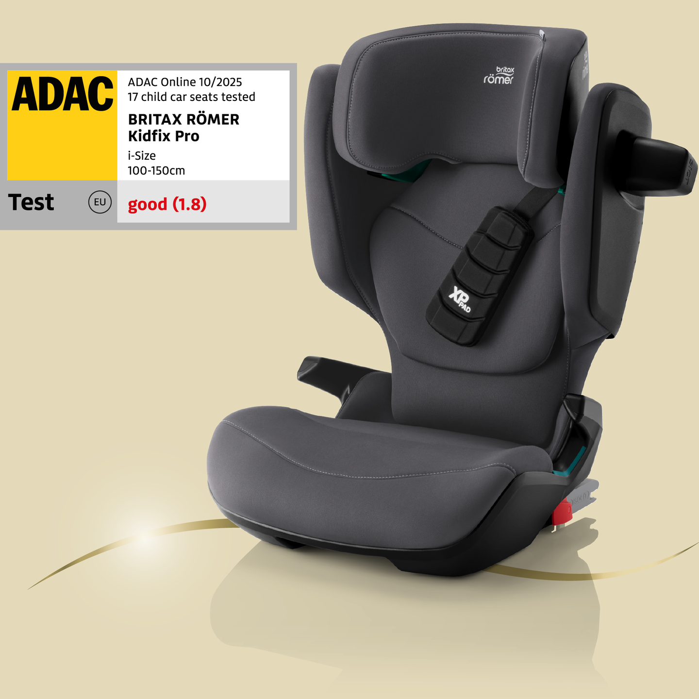 Seggiolino auto Britax R&ouml;mer KIDFIX PRO con schienale alto; accanto, un&rsquo;etichetta di test ADAC con valutazione buono (1,8).